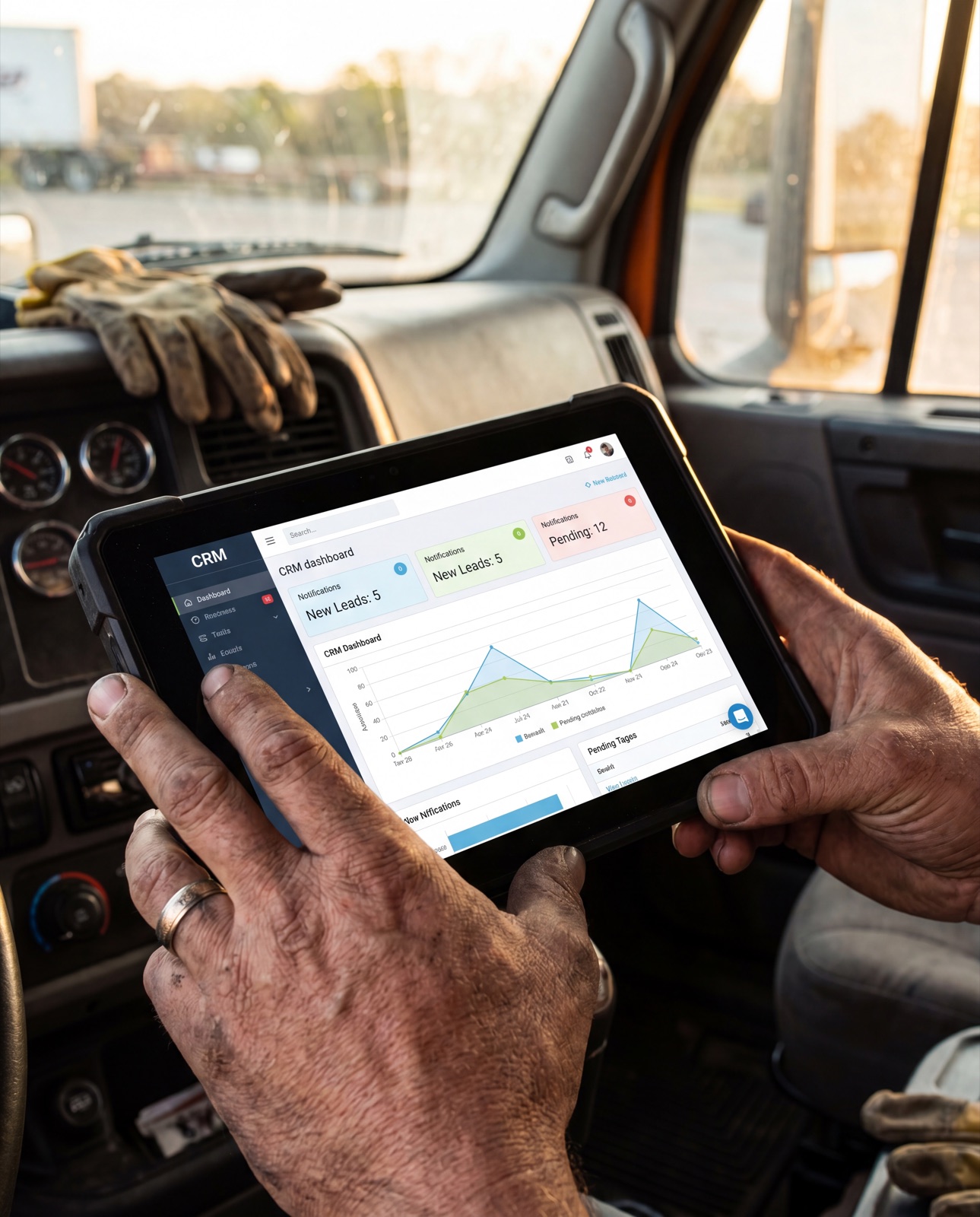 Contractor managing leads on tablet
